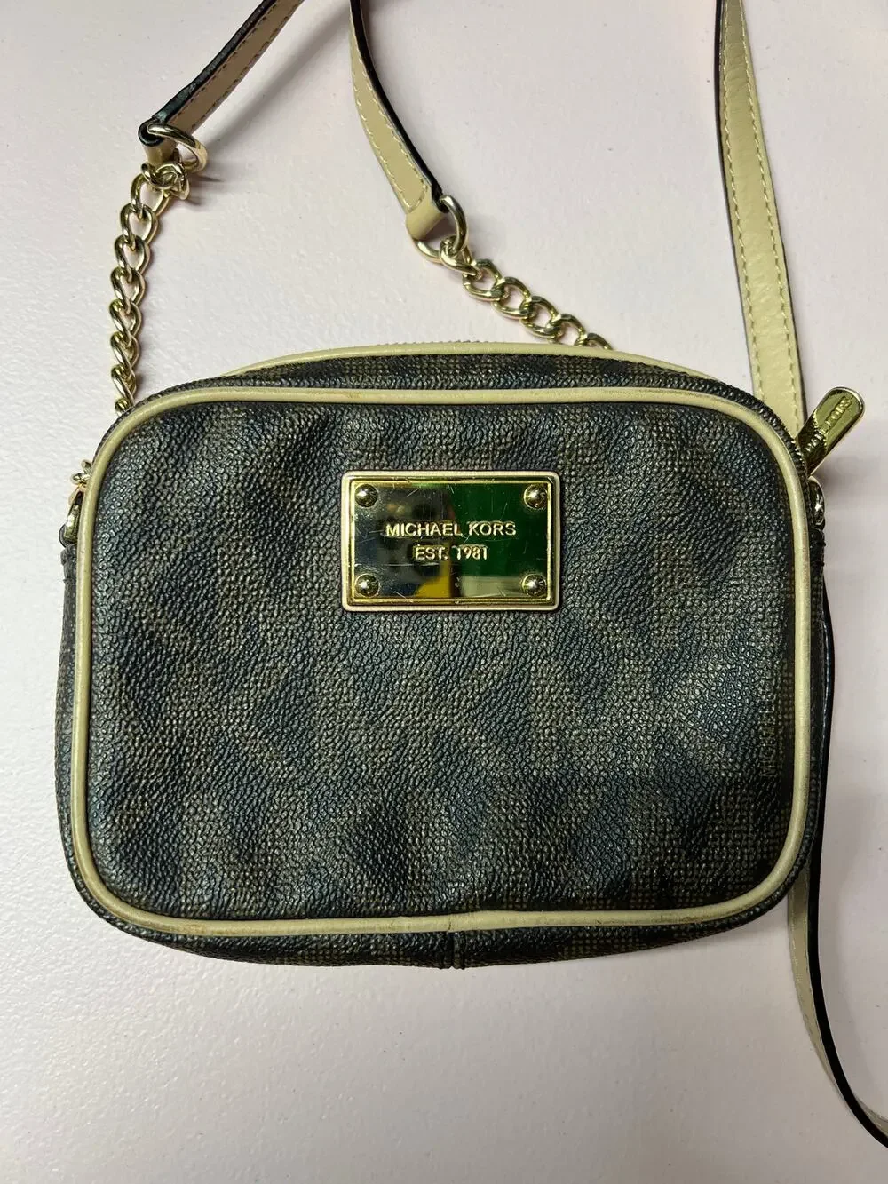 Michael Kors Monogram Small Crossbody Brown Beige Zip Chain Strap Gold Hardware